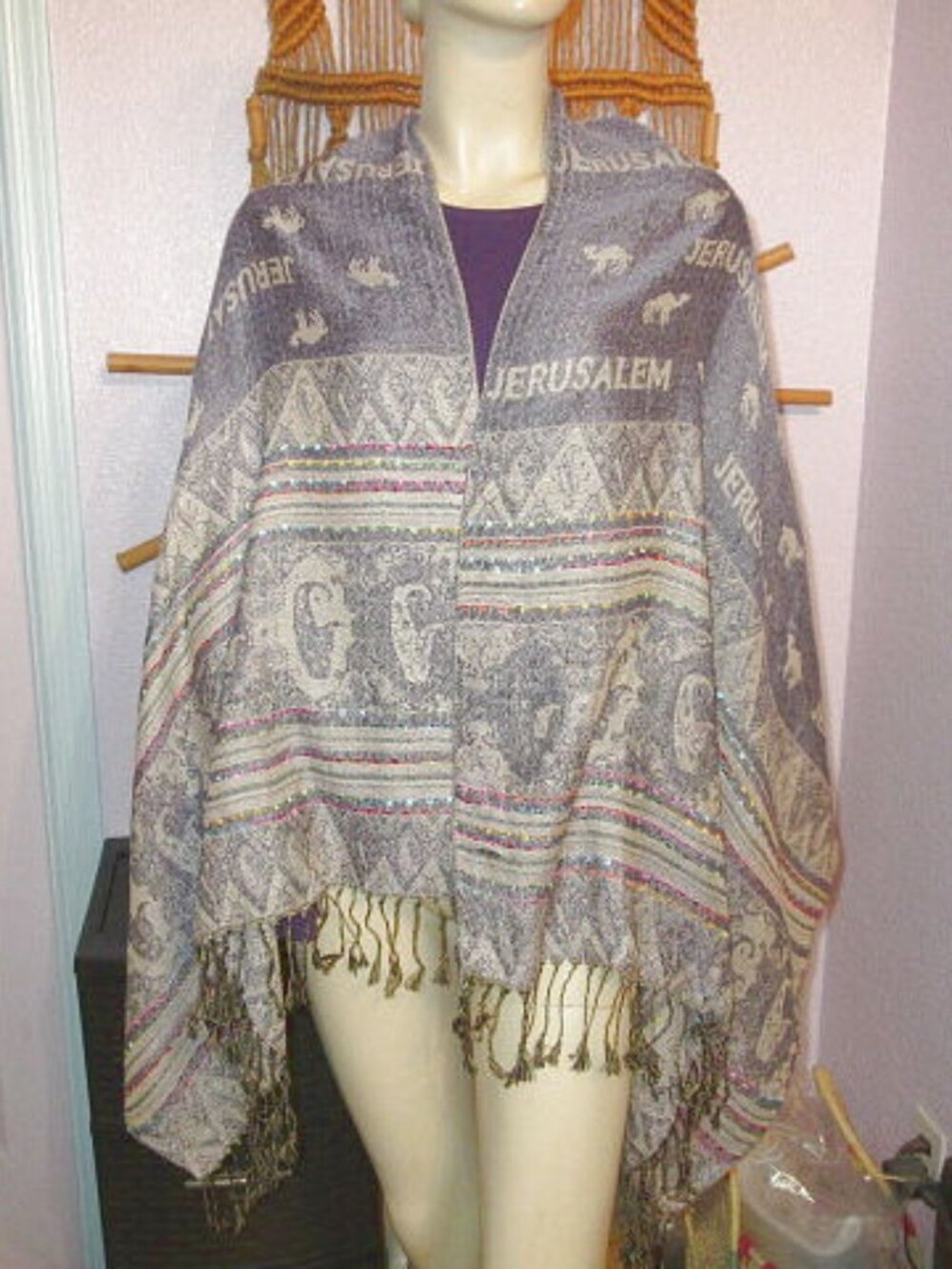 Vtg Jerusalem Cashmere Scarf Embroidered Fringe Israel Holy Land Souvenir Shawl